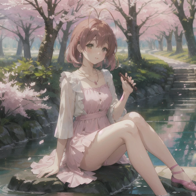 detailed illustration, masterpiece, natural lighting, midday, digital artwork, extremely detailed, cute dress, extremely detailed clothes, forest background, bushes, cherry trees, noon, dusk, spring, fall, natural lighting, girl, perfect anatomy, detailed eyes, blush, small breasts, messy hair, necklace, earrings, legs in pool, wet legs, a lot of small clouds, sitting on rock, pink leaves on ground, mountains in the back, furukawa_nagisa_clannad, playing ukulele, pink under wear, pink panties,pink hair, cherry blossom tree background