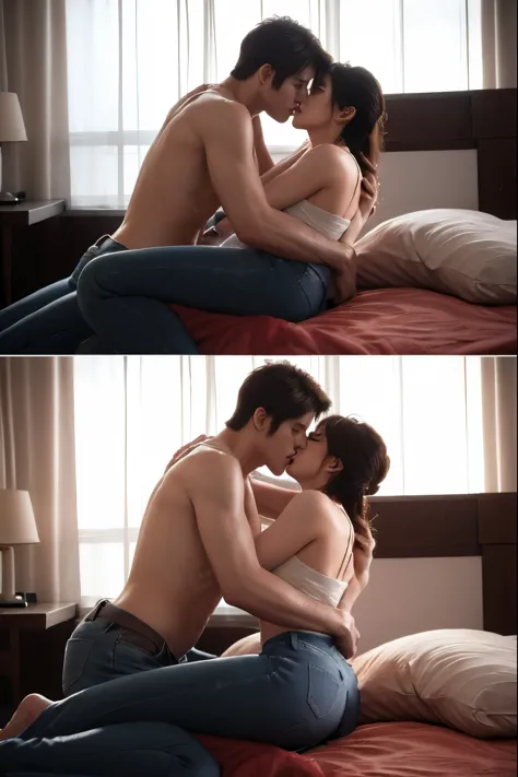 (masterpiece quality), 1girl and 1man Leon, kiss and hug, claireredfield2, wear jeans, side view, sleep on bed