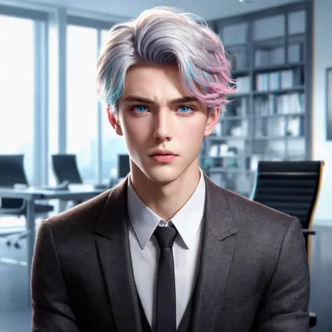 Handsome boy, blue eyes, white hair highlighted with pink and turquoise, expressionless, wearing black formal suit, CEO office b...