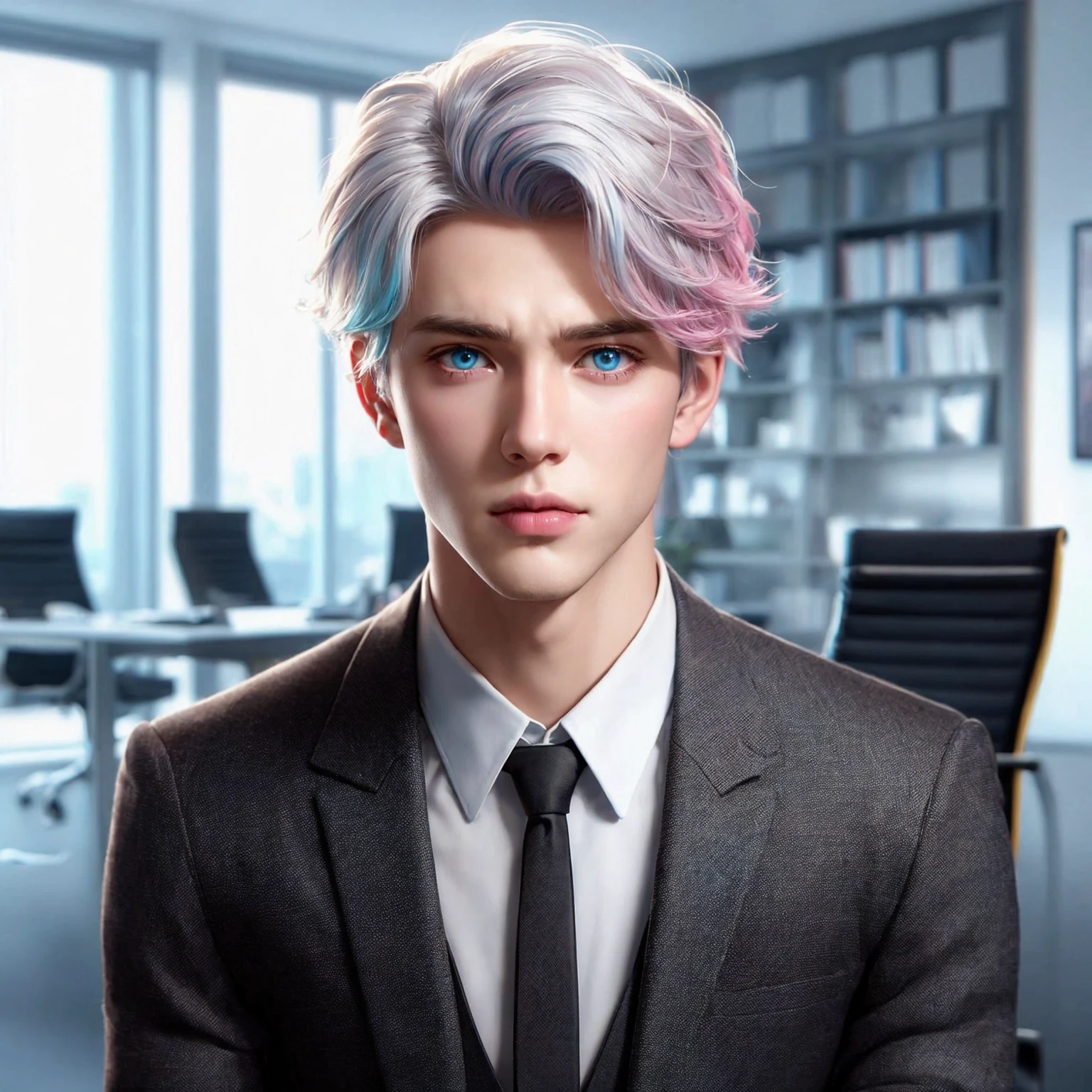 Handsome boy, blue eyes, white hair highlighted with pink and turquoise, expressionless, wearing black formal suit, CEO office background