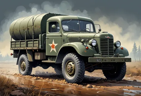 highly detailed illustration (gaz-53) in cartoon style. illustration, with hyper-realistic and detailed elements. use muted colo...