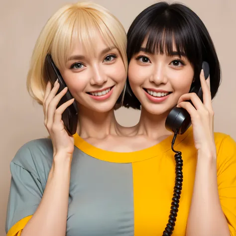 2heads, best resolution, woman with two heads, blonde hair, black hair, smiling, different faces, holding a smartphone and telep...
