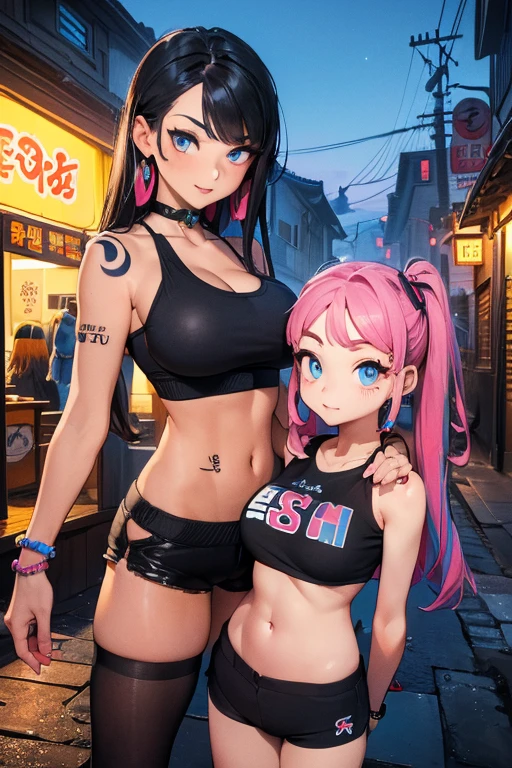 ((obra maestra, mejor calidad, ojos perfectos, cara perfecta, anatomía perfecta, 2 chicas(2 maduras))) chica ecchi chibi, (tanga, deportes bien, pantalones cortos negros ajustados ,  esposas, tatuaje de personajes coreanos, joyas coloridas, dark magic), (Calle nocturna en pueblo asiático, místico)