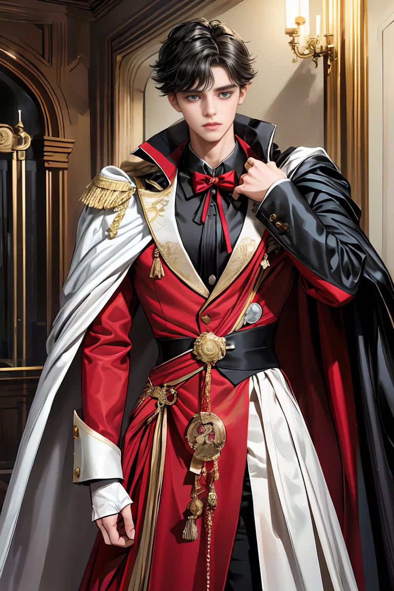 
masterpiece, 最high quality, high quality, 1 boy, alone, Male focus, Watching the audience,  Messy black hair, Adorable big blue eyes, White, Noble, Noble,A sexy, voluminous, puffy cape、tuxedo、A very voluminous, large, very large, very large, long, long red and black cape with a high stand-up collar, made of a lot of fabric that reaches down to the floor., 17 years old,Cute beautiful boys,Cute, cute, kind, handsome guy