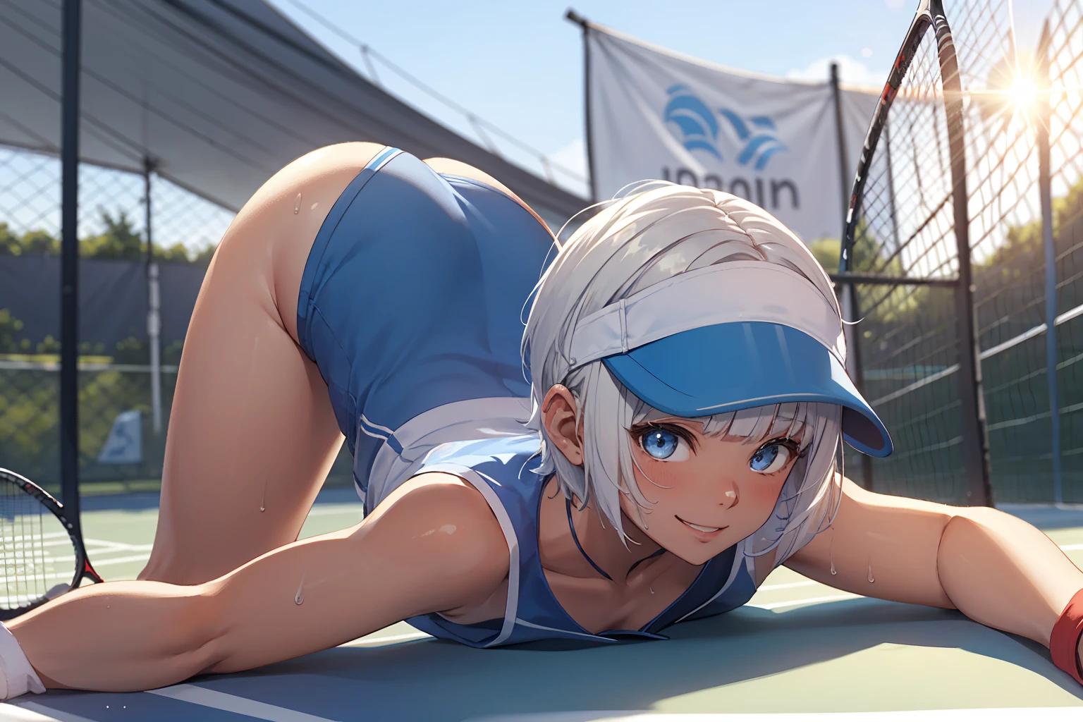 1 Girl、Beautiful silver hair、((((Very short hair))))、Blue eyes、(blue visor)、((Blunt bangs)), 22 years old, ((Tennis uniform)), sleeveless, (tsurime), Tight waist、smile、White panties、sexy pose、jack o pose, top-down bottom-up, (Stick your butt out、Leaning forward:1.1)、At the tennis event venue、from behind, looking back、Sweat、Lens flare、Shallow depth of field