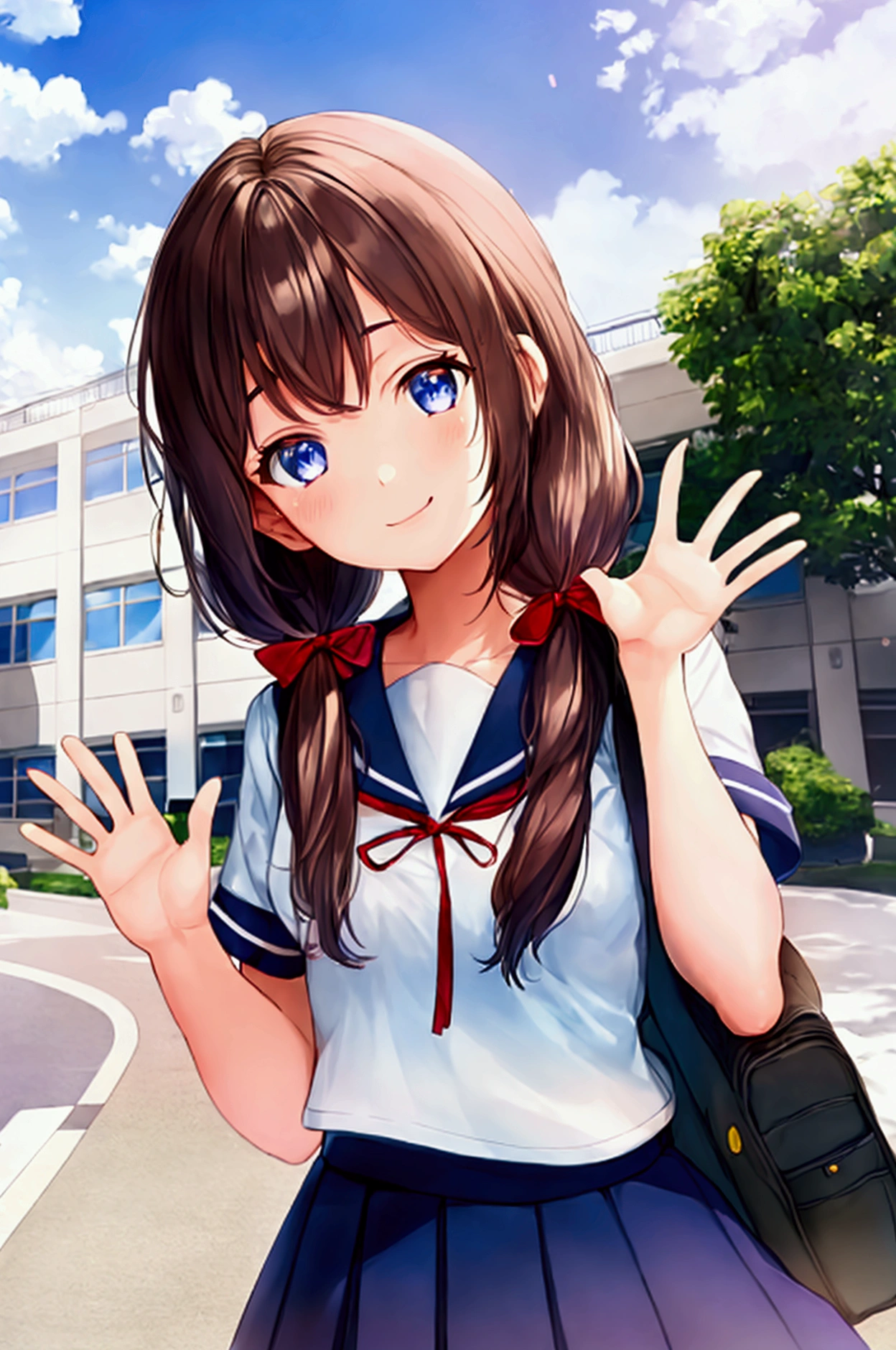 1girl, standing, (waving at the camera with left hand), (hand on chest with right hand), (head tilt), smile, 15yo, gentle smile, head tilt, school building on the back, 3-story white school building, outdoor, tree on side, (low twintails), red ribbon in hair, very long black hair, white serafuku with blue ribbon, navy-blue collar, navy-blue skirt, (dark brown eye), school bag on right shoulder, afternoon, summer, school, (from front:1.4), upper body, anime, high brightness, detailed face, detailed eyes, (high quality, ultra detailed, masterpiece, super detail, highres, anatomically correct, UDH), good hands, good fingers, Japanese anime style, extremely cute