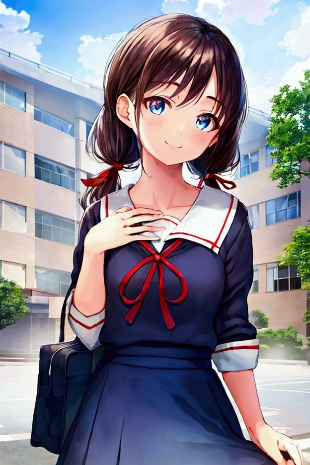 1girl, standing, (waving at the camera with left hand), (hand on chest with right hand), (head tilt), smile, 15yo, gentle smile, head tilt, school building on the back, 3-story white school building, outdoor, tree on side, (low twintails), red ribbon in hair, very long black hair, white serafuku with blue ribbon, navy-blue collar, navy-blue skirt, (dark brown eye), school bag on right shoulder, afternoon, summer, school, (from front:1.4), upper body, detailed face, detailed eyes, (high quality, ultra detailed, masterpiece, super detail, highres, anatomically correct, UDH), good hands, good fingers, Japanese anime style, extremely cute