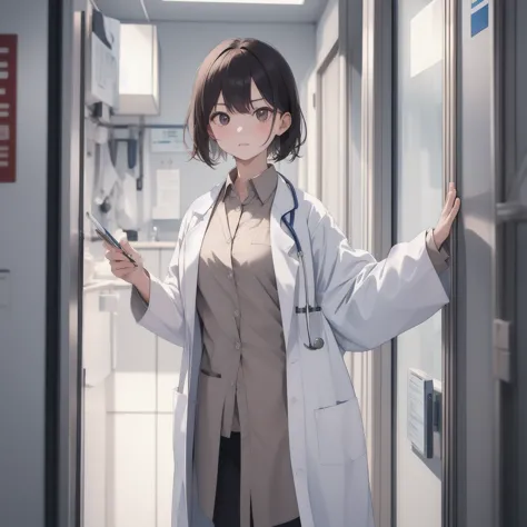 (raw photo, best quality),  masterpiece, serious, natural lighting, 1 girl, 
lab coat, doctor&#39;s coat, hospital operating roo...