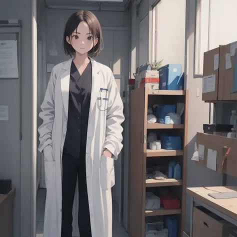 (raw photo, best quality),  masterpiece, serious, natural lighting, 1 girl, 
lab coat, doctor&#39;s coat, hospital operating roo...