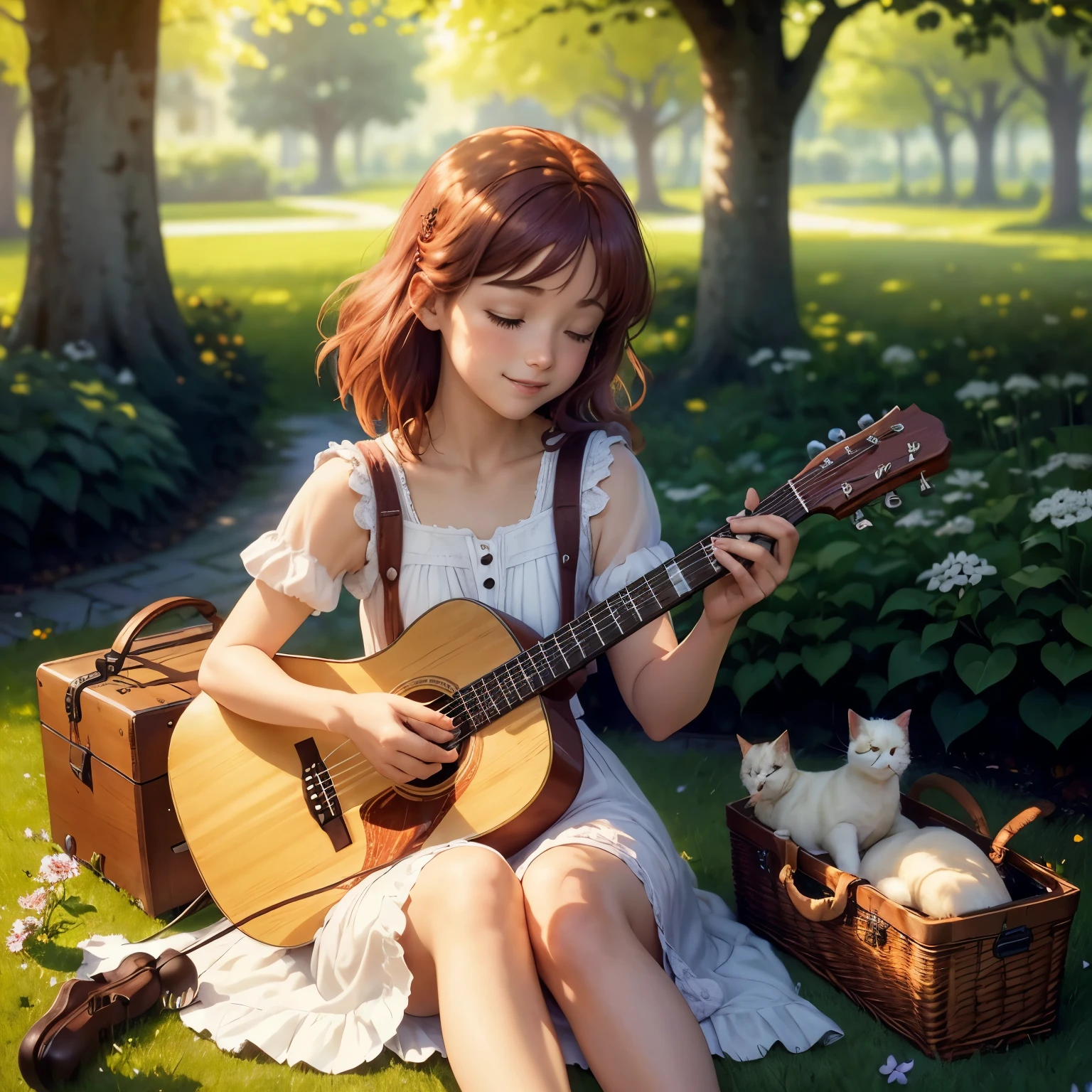 (tmasterpiece, Best quality at best, Photorealistic, A high resolution:1.3), Young girls, (elegant guitarist:1.2), (long chestnut pink hair:1.1), (soft hazel eyes:1.2) exuding warmth, Tranquil outdoor environment, (Sunny garden:1.2), flowers in full bloom, vibrant butterflies, light wind, (White summer dress:1.1), Walking barefoot on the green grass, (acoustic electric guitar:1.2), Fingers gently pluck the strings, (Melodious :1.1), Enchanting melodies fill the air, soft sun light, a warm color palette, peacefulatmosphere, (A satisfied smile:1.2), Close your eyes in harmony, (singing birds:1.2) perch nearby, intimacy with nature, (bench:1.1), old age, (Picnic basket:1.1) Served with fruit and wine, golden hour glow, (Emotional resonance:1.2), bird's eyes view, immerse in the moment, (Scenes:1.3), Soft sun light casts long shadows, Dense trees in the background, Calm happiness. A white cat next to her