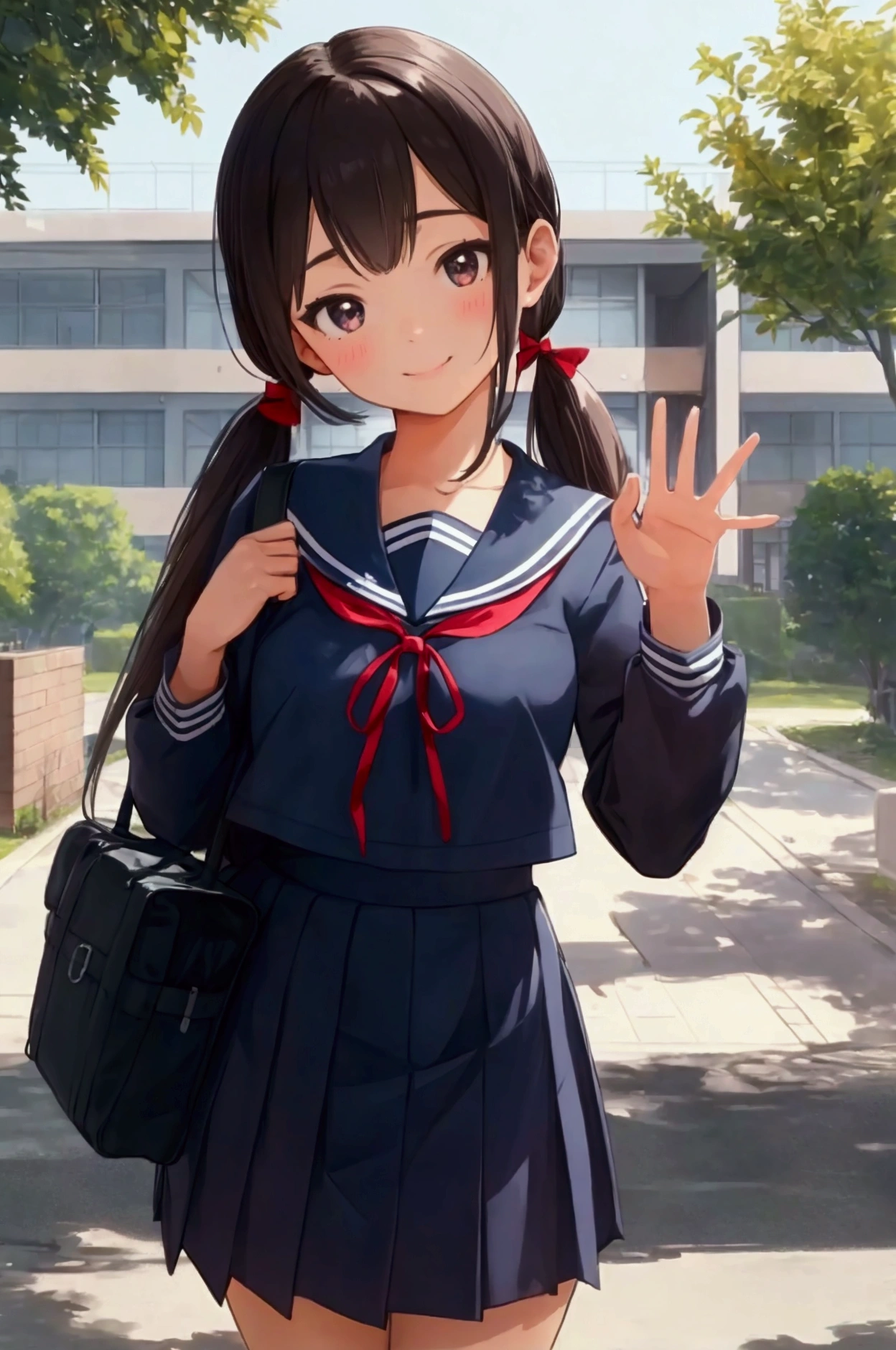 1girl, standing, (waving at the camera with left hand), (hand on chest with right hand), (head tilt), smile, 15yo, gentle smile, head tilt, school building on the back, 3-story white school building, outdoor, tree on side, (low twintails), red ribbon in hair, very long black hair, white serafuku with blue ribbon, navy-blue collar, navy-blue skirt, (dark brown eye), school bag on right shoulder, afternoon, summer, school, (from front:1.4), upper body, detailed face, detailed eyes, (high quality, ultra detailed, masterpiece, super detail, highres, anatomically correct, UDH), good hands, good fingers, Japanese anime style, extremely cute