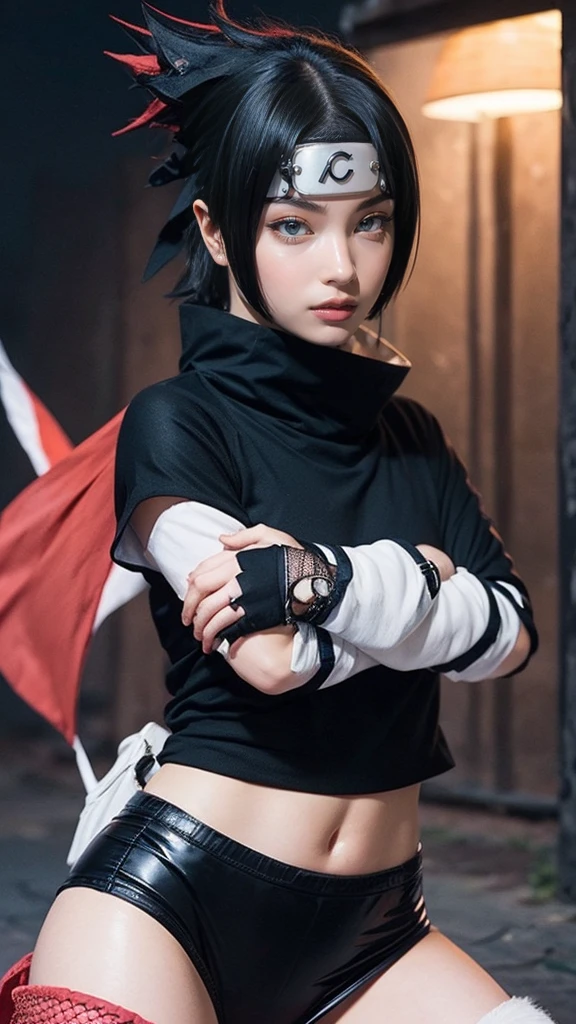 Moisturized skin, (bright gradient eyes), perfect body, adult female body, mature,
BREAK,
(beautiful navel), (kunoichi), (ninja), sexy, (kunai), (leather), fishnet, (fishnet stockings: 1.2), (blush), (black clothes), (embarrassed expression: 1.5), bright red lipstick, (ninja clothes: 1.4),
BREAK,
(highly detailed hair: 1.2),
BREAK,
((masterpiece + highest quality + high resolution + highly detailed)), (full body: 1.2), symmetrical, one shot,
BREAK,
(neon city), (strong wind blowing: 1.5),
BREAK,
(Uchiha Sasuke: 1.3), elegant, ((holding a Japanese sword)), neon, night city,