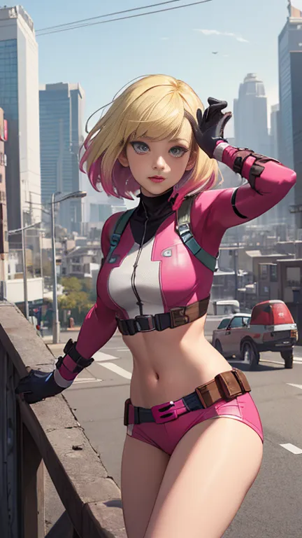 (highly quality, masterpiece, detailed), city detailed scenario, city detailed background, solo, gwenpool, blonde hair, multi co...