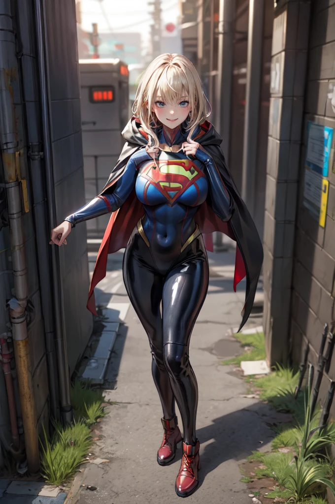 Supergirl in the dark, latex tight black costume, long black cloak, spooky smile, cyberpunk, standing statue, full body,big breast:1.4