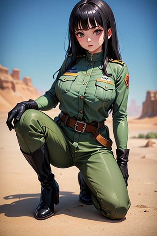 masterpiece, Highest quality,  Unreal Engine,  Super Resolution,  Very detailed, 

Beautiful woman, May, alone, uniform, Black Hair, boots, gloves, army, army uniform, Long Hair, iris, belt, coat, Black background, Simple Background, whole body, blunt bangs, bangs, Long Black Hair, Vivid expression, Healthy Body, Beautifully detailed sweat glands, Smooth skin texture, Carefully drawn,

(humidity:1.2), Beautiful Eyes, (Attractive face:1.2), (Beautiful Skin), (Big Breasts), Puffy nipples, (Sticky with sweat), In a dynamic pose,

In the world of Dragon Ball, Outdoor, In the desert wilderness