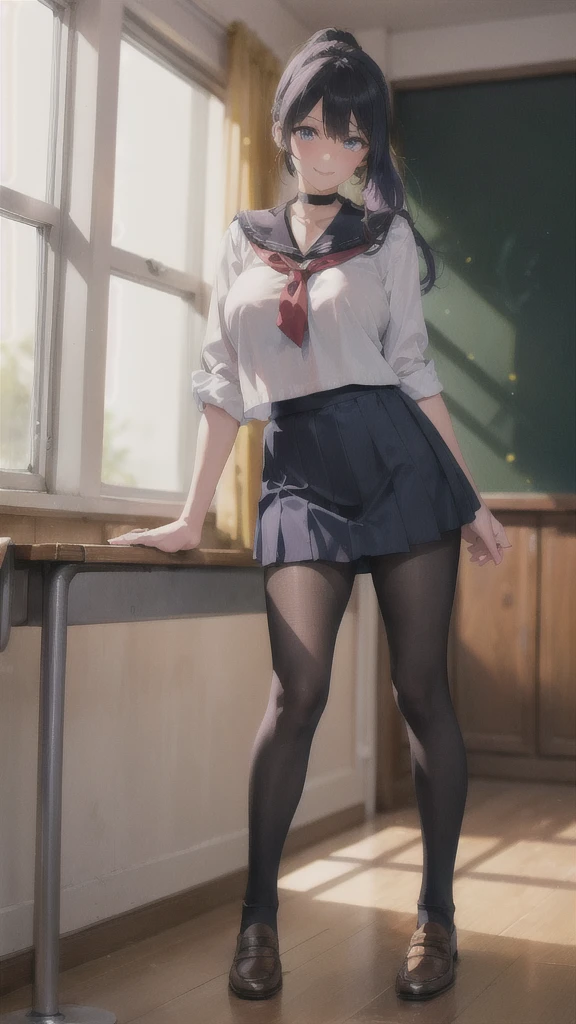 ((high school girl)),((school uniform)),((White blouse)),(((Pleated mini skirt))), ((A shy smile)),((Beautiful legs)),((Beautiful feet)),Ultra-high resolution, Mature Woman, Mature Woman, Very detailed, ((Big Breasts)), Perfect hands, Detailed fingers, Beautiful details, (((school uniform))),((Long Hair)),((ponytail)),Black choker, Earrings,loafers,(Black Pantyhose), (Black Stockings),Perfect Eyes, Seductive eyes, School classroom,Stand in front of the pulpit