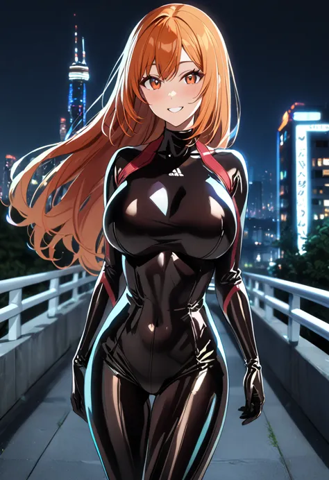 1 woman, solo, tall woman, long orange hair, straight hair ,orange eyes, (full breasts), high height,masterpiece, high resolutio...