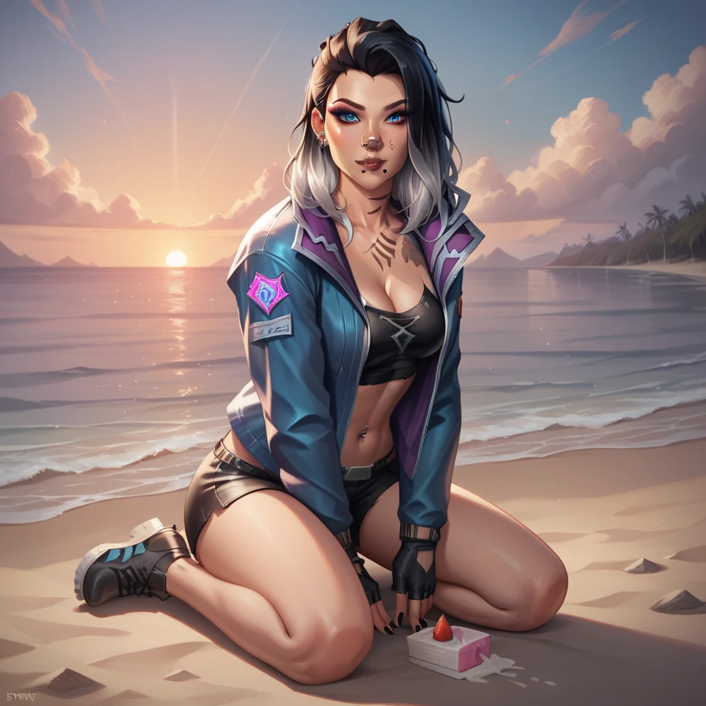 1girl, solo, fade_valorant, on the beach, eating icecream, full body shot, blue jacket, black white multicolored hair, two-tone hair, long hair, detailed_eyes, detailed face, scar one nose, lip piercing, neck tattoo from a bear paw, makeup, perfect body, neckline, cleavage, flat belly, curvy hips, perfect ass, dark fingernails, detailed, look at viewer, sunset, beautiful sea in the background, (8k Masterpiece) (realistic)