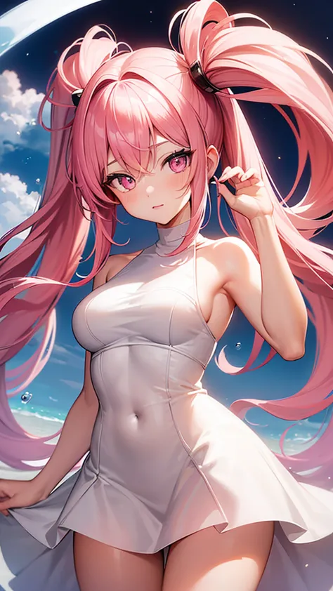 (highest quality,high resolution,ultra-detailed,girl),pink hair,height: 160cm,cute,pink eyes,twin tails,big breasts,her eyes are...