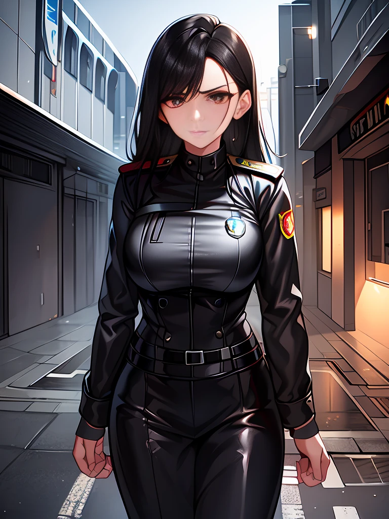 A brave police woman, wearing a black leather outfit tight to her body, with a shiny badge on her chest. His eyes show weariness, but also determination and perseverance. She is standing in the middle of a deserted and gloomy street, with tall buildings all around, creating an atmosphere of imminent danger. The dim lights of the city cast mysterious shadows, revealing only a few details: puddles of water on the street wet by recent rain, a flash of neon reflected in the windows, a danger sign flashing red. The setting conveys a sense of urgency as the police woman looks directly at the viewer, ready to face whatever challenge presents itself.