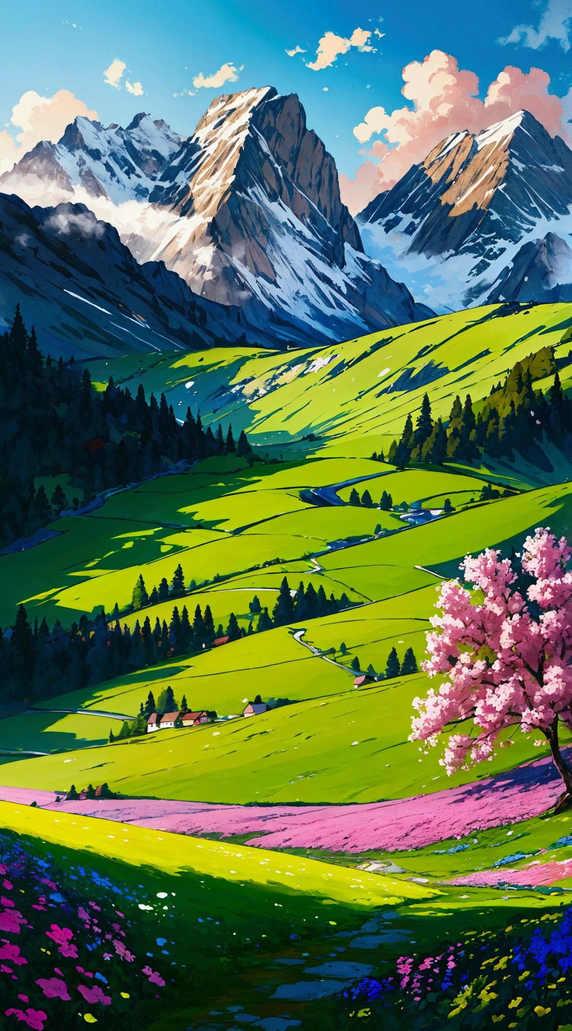 a painting of a flowers Meadows and a mountain scene with flowers in the foreground, mountain behind meadow, mountainous background, highly detailed landscape, anime nature wallpap, colorful landscape painting, alpine scenery, meadow background, mountains background, beatiful mountain background, landscape wallpaper, detailed landscape, nature wallpaper, thomas kinkade style painting, swiss alps, tomas kinkade, highly detailed 4 k painting, 4k hd,, beautiful art uhd 4 k, a beautiful artwork illustration, beautiful digital painting, highly detailed digital painting, beautiful digital artwork, detailed painting 4 k, very detailed digital painting, rich picturesque colors, gorgeous digital painting