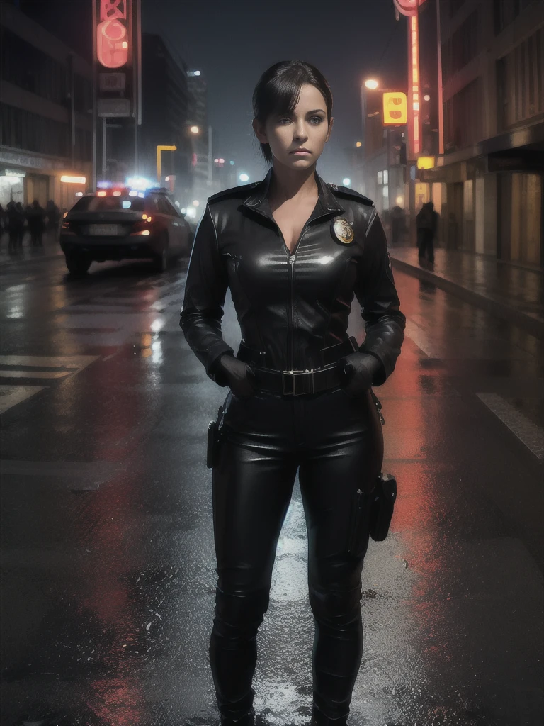 A brave police woman, wearing a black leather outfit tight to her body, with a shiny badge on her chest. His eyes show weariness, but also determination and perseverance. She is standing in the middle of a deserted and gloomy street, with tall buildings all around, creating an atmosphere of imminent danger. The dim lights of the city cast mysterious shadows, revealing only a few details: puddles of water on the street wet by recent rain, a flash of neon reflected in the windows, a danger sign flashing red. The setting conveys a sense of urgency as the police woman looks directly at the viewer, ready to face whatever challenge presents itself.