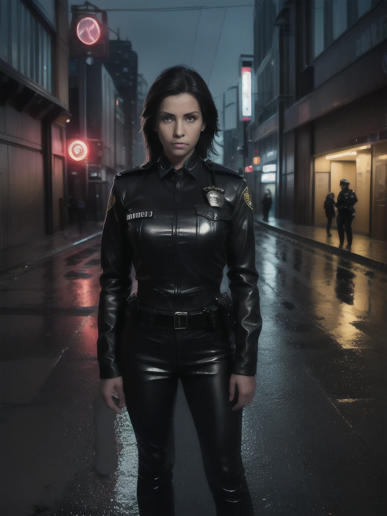 A brave police woman, wearing a black leather outfit tight to her body, with a shiny badge on her chest. His eyes show weariness, but also determination and perseverance. She is standing in the middle of a deserted and gloomy street, with tall buildings all around, creating an atmosphere of imminent danger. The dim lights of the city cast mysterious shadows, revealing only a few details: puddles of water on the street wet by recent rain, a flash of neon reflected in the windows, a danger sign flashing red. The setting conveys a sense of urgency as the police woman looks directly at the viewer, ready to face whatever challenge presents itself.