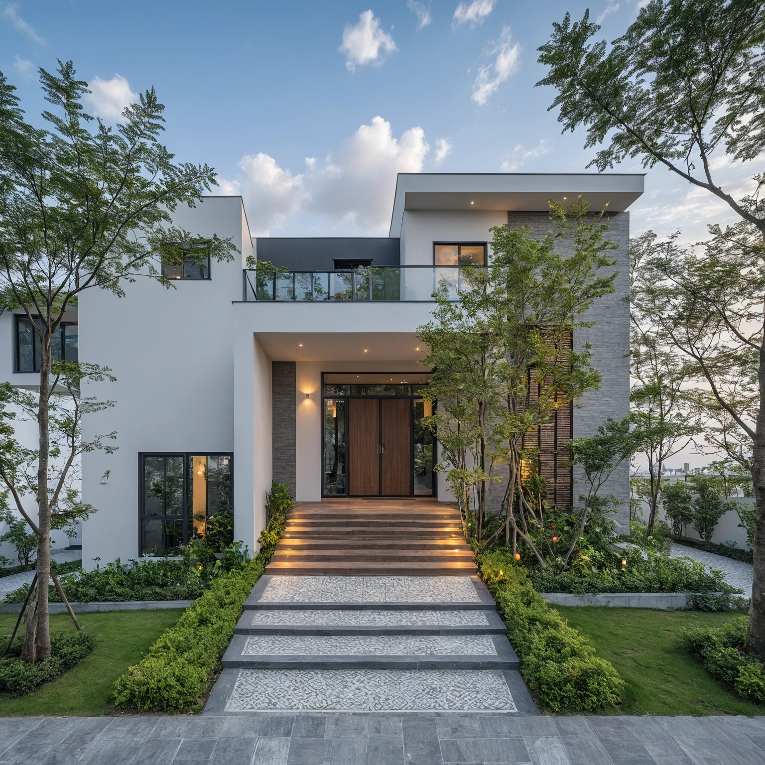 Masterpiece, high quality, best quality, authentic, super detailed, outdoor, aiaigroup, modern 2-storey townhouse style, stairs, white walls combined with conwood, wind encaustic tiles, iron gate, ceiling conwood, flowers, path, summer evening, grass, trees, sky, clouds, (daylight: 1.1)