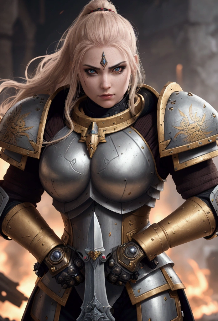 detailed portrait of a female warrior in Warhammer 40k Sisters of Battle power armor, intricate armor plates, detailed face with strong features, piercing eyes, determined expression, power sword in hand, dynamic battle pose, advanced technology background, cinematic lighting, highly detailed, photorealistic, 8k