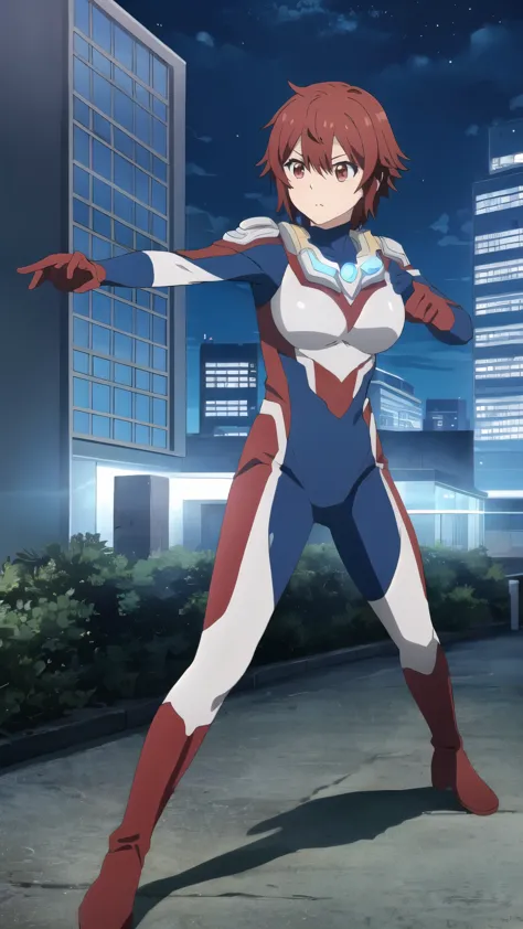 ((Highest quality)),((Very detailed)),masterpiece,Absurd,Detailed face,Beautiful Face,(fine grain, Deep Eyes),One Girl,((Combat Stance)), input, Enter, red hair, red eyes, short hair, hair between eyes, bangs, breasts, large breasts, View your audience, Ultraman bodysuit、Hero Suit,Full body tight suit、(building:1.2)、Night view、