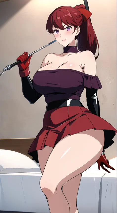 masterpiece, Yoshizawa Kasumi (Persona),bright red hair,ponytail,リボンponytail,1 girl, alone, Long Hair, Braiding, Looking at the audience, Big Breasts, Mature Woman, blush, smile, Black Hair, Lilac eyes, Pink Bed, Mature Woman, Exposing shoulders,Black latex gloves,Red Skirt,Red off-the-shoulder latex,Latex skirt,Latex Pink Shirt,Latex off-shoulder shirt,have a whip,Hold the whip,latex whip,whip,Looking down,Raise one leg,Stomping Pose,Huge breasts,Big Ass,Big thighs