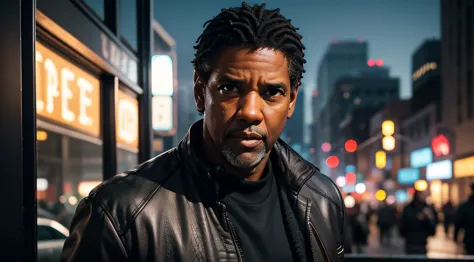 "Create an image of the Denzel Washington character with a serious expression, obstinate and determined. Focus on the face, capt...