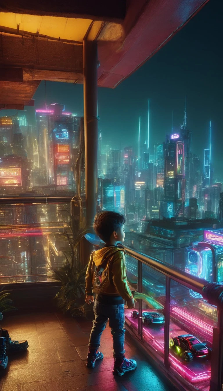 a 7 year old boy playing with his toy cars,on a deep balcony,cyberpunk city in the distance,cyberpunk colors,neon,high definition,8k,masterpiece,(best quality,4k,8k,highres,masterpiece:1.2),ultra-detailed,(realistic,photorealistic,photo-realistic:1.37),beautiful detailed eyes,beautiful detailed lips,extremely detailed eyes and face,longeyelashes,cinematic lighting,cinematic composition,dramatic lighting,dynamic composition