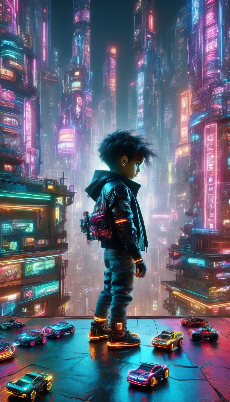 a  boy playing with his toy cars,on a deep balcony,cyberpunk city in the distance,cyberpunk colors,neon,high definition,8k,masterpiece,(best quality,4k,8k,highres,masterpiece:1.2),ultra-detailed,(realistic,photorealistic,photo-realistic:1.37),beautiful detailed eyes,beautiful detailed lips,extremely detailed eyes and face,longeyelashes,cinematic lighting,cinematic composition,dramatic lighting,dynamic composition