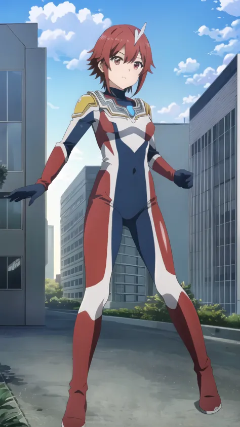 ((Highest quality)),((Very detailed)),masterpiece,Absurd,Detailed face,Beautiful Face,(Detailed eyes, Deep Eyes),One girl,((Dynamic pose)),  input, Redhead, , alone, tie, short hair, Red eyes,  Hair between the eyes, bangs, chest, 大きなchest、View your viewers, Ultraman bodysuit、Hero Suit,Full body tight suit、(building:1.2)、Night view