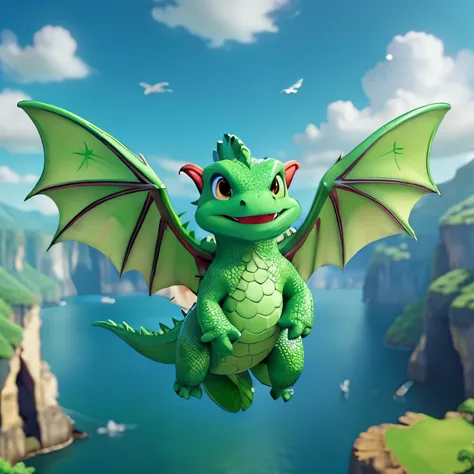Big cute green dragon、Flying scene、Flying on two wings、Floating in the air、((Landscape orientation))