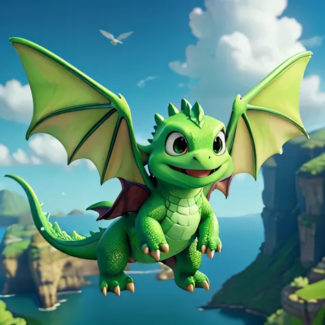 Big cute green dragon、Flying scene、Flying on two wings、Floating in the air、((Landscape orientation))