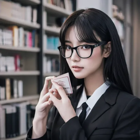 a beautiful asian businesswoman in a black suit, holding a cream-colored book, grey eyes, black glasses, siren office makeup wit...