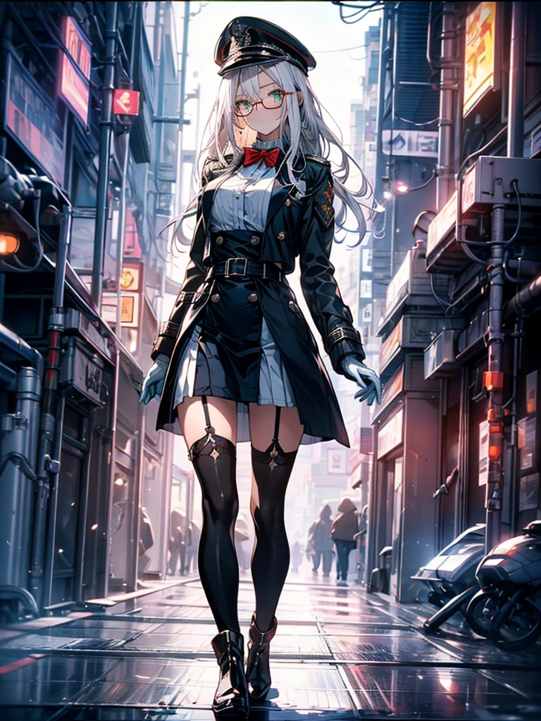 masterpiece, best quality, beautiful girl, white hair with green color inner, green eyes color, blue and white military uniform, mature_female, eyes glasses , white gloves, anime, blue military hat, very_long_hair, perfect body, commander, science_fiction, black knee-high boots, Side slit white skirt, cowboy_shot , large_breasts, ultra-detailed, high quality, british military dress uniform, sci-fi, dark blue Trench Coat, 1girl, 4k, military base ,perfect hands, full body, great details, beautiful anime illustrations, 26 years old, red ribbon bow tie, white stockings 