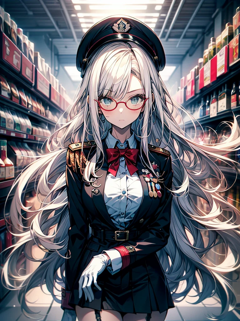 masterpiece, best quality, beautiful girl, white hair with green color inner, green eyes color, blue and white military uniform, mature_female, eyes glasses , white gloves, anime, blue military hat, very_long_hair, perfect body, commander, science_fiction, black knee-high boots, Side slit white skirt, cowboy_shot , large_breasts, ultra-detailed, high quality, british military dress uniform, sci-fi, dark blue Trench Coat, 1girl, 4k, military base ,perfect hands, full body, great details, beautiful anime illustrations, 26 years old, red ribbon bow tie, white stockings 