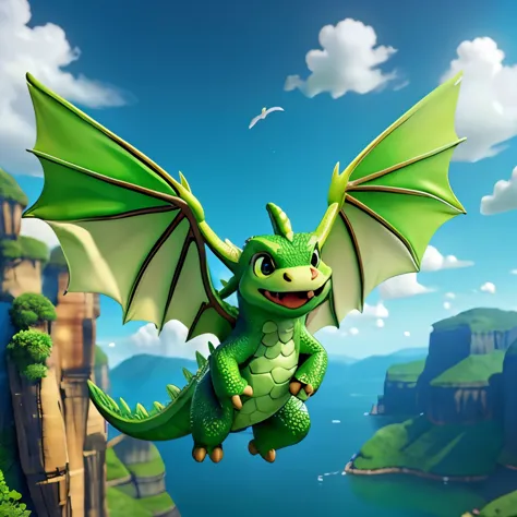 Big cute green dragon、Flying scene、Flying on two wings、Floating in the air、((Landscape:1.1))