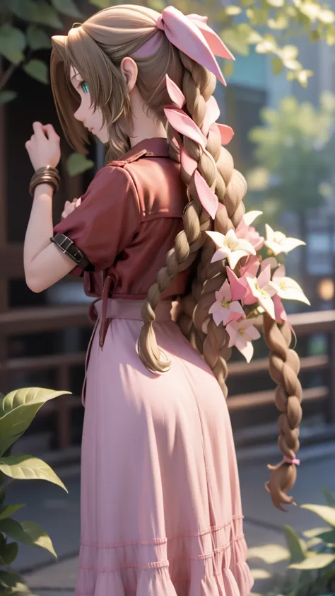 aerith, pink casual dress,赤いジャケット,Bend forward with hands behind your back,
looking at the viewer,
Midgar, FINAL FANTASY VII