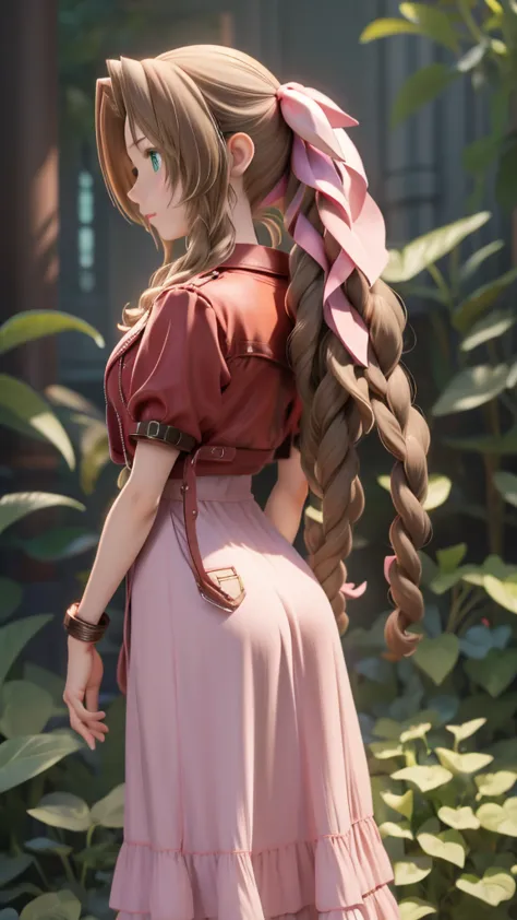 aerith, pink casual dress,赤いジャケット,Bend forward with hands behind your back,
looking at the viewer,
Midgar, FINAL FANTASY VII