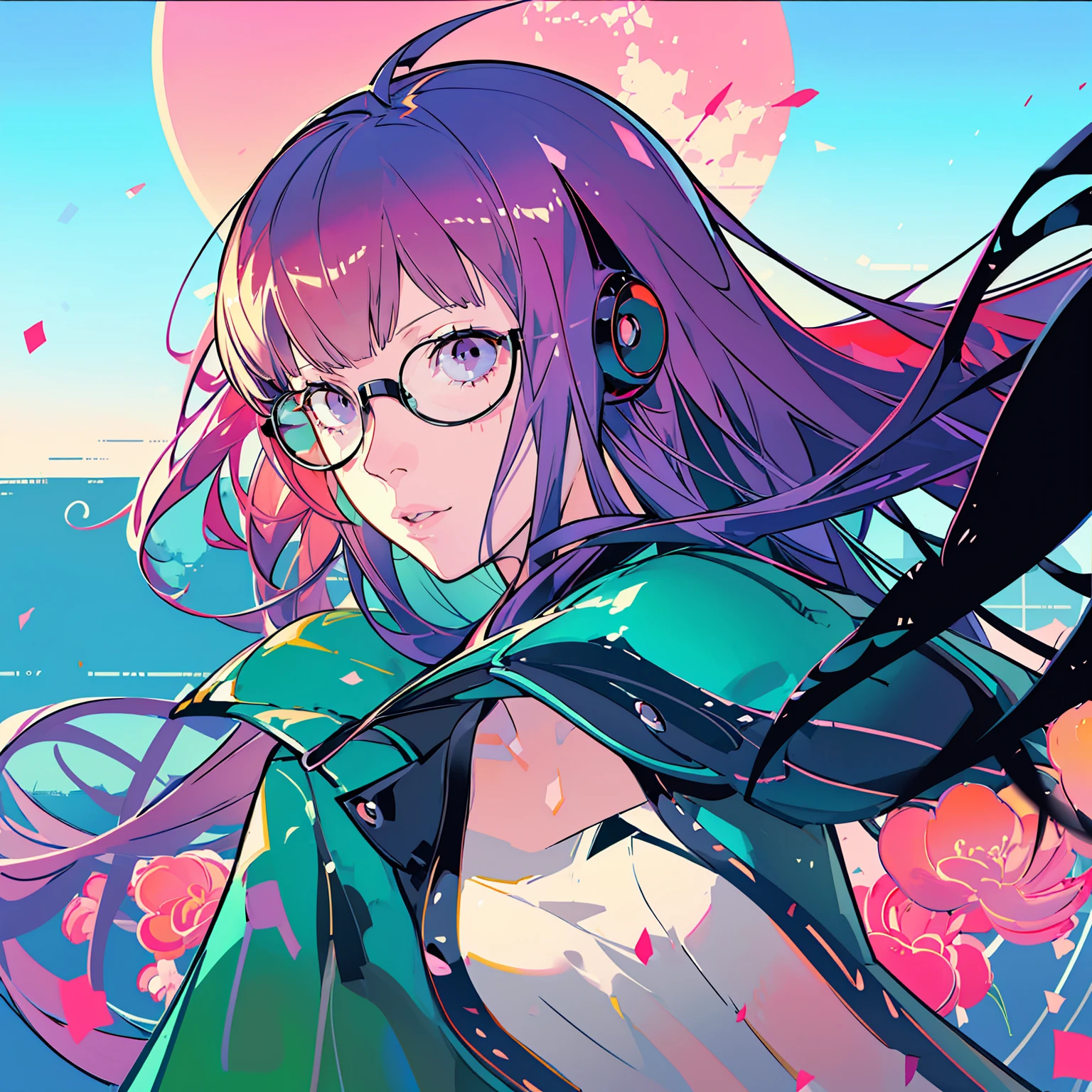 masutepiece, Best Quality, hight resolution, 1girl in, futaba sakura, Blunt bangs, eye glassesの,purple eyes , Ahoge,orange color hair、 eye glassesの, headphones, bura, Jacket, off shoulders, Fur trim, fur-trimmed jacket, Green jacket, Shorts, ,the golden hour,A smile that showed teeth、1black cat、tea shop、On the counter、Coffee、futaba sakura、Purple eyes、orange color hair、eye glasses、,​masterpiece、top-quality、Official art、illustratio、ligne claire、(Cool_Farbe)、perfect-composition、focal、acurate, Anatomically correct、 、hight resolution, Beautiful detailed glow, masutepiece*Portrait, 3D Face, Realistic, (masutepiece: 1.3), (max resolution: 1.2), (Ultra HDTV: 1.2), cinematric light, 8K resolution, phi ,​masterpiece、top-quality、Ultra Detail、(((shiny lips: 1.4)))Beautiful face, acurate, Anatomically correct, phiAlways detailed face and skin texture, Detailed eyes, Double eyelids, tThin eyebrows、 pale skin, Lustrous skin all over the body, Perfect face,Always detailed face and skin texture, Detailed eyes, Double eyelids, Thin eyebrows,Natural cheeks, Glossy skin, Fair skin: 1.2, (Glossy lips: 1.4), (((The most beautiful girl)))、(((beautiful a girl)))、（little blush）、（Beautiful face）、 Delicate and beautiful hair, Delicate and beautiful eyes and face, (Beautiful gorgeous cute western woman:1.3),)(((Very Beautiful face))))(((long lashes))))(((Circular twinkling eyes)))(((Glossy and glossy lips))) (((Cheeks with a slight reddish tinge:0.8)))(((Neat and straight nose bridge)))、(((Cowboy Shot)))crouching cowgirl,