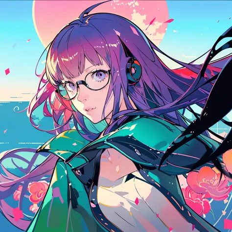 masutepiece, best quality, hight resolution, 1girl in, futaba sakura, blunt bangs, eye glassesの,purple eyes , ahoge,orange color...