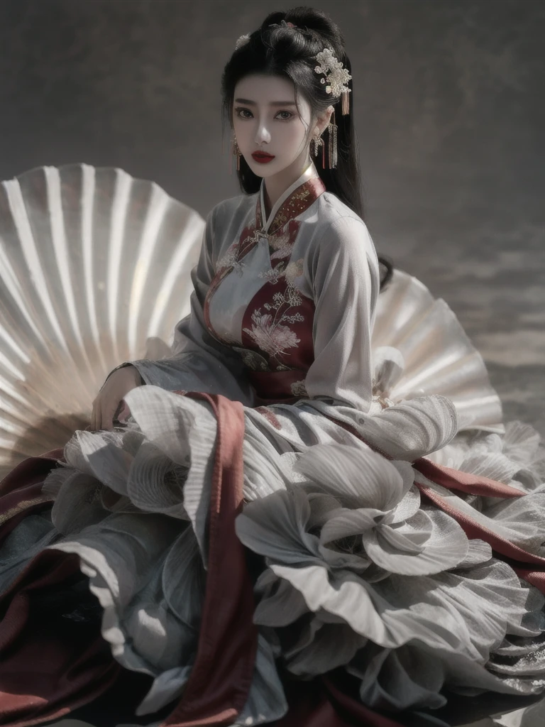 xuer Large shell, 1girl, jewelry, black hair, earrings, solo, long hair, realistic, looking at viewer, red lips, chinese clothes, grey background, long sleeves, upper body, hair ornament, lips, dress, white dress
