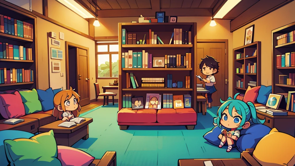 chibi style vivid colors interior of a library