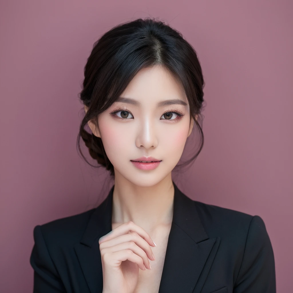 A beautiful Asian businesswoman in a black suit, holding a cream-colored book, grey eyes, siren office makeup and natural pink colored lips, the background is white, negative space, Eye-level shot, perfect face proportion, natural, soft light, high quality, beautiful, max clarity, professional photography.