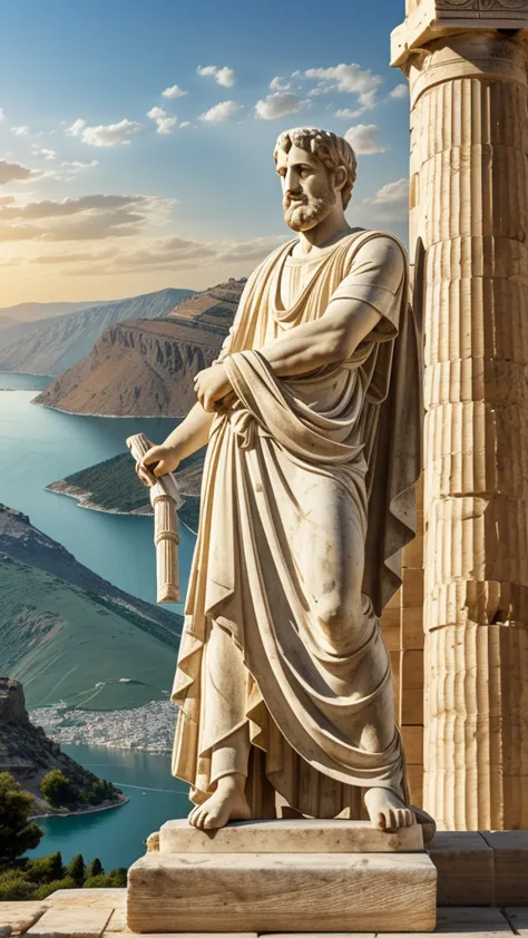 aristotle, engrossed in writing, stands upon the steps of the parthenon in greece, capture the essence of intellectual pursuit a...