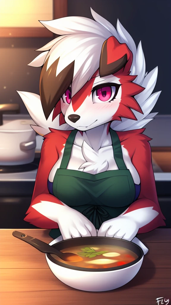 By zinfyu,by twistedscarlet60, uploaded on pixiv, by fluff-kevlar, (masterpiece), (best quality), (solo female:1.2), (extremely detailed:1.3),(detailed eye,black circle on eye,pink eye), lycanroc midnight, view on viewer, close view, shy face, half body on potrait, only body and head, close view, wearing kitchen apron,in kitchen, carying a bowl of soup, (tail:1.1), closeup photo of lycanroc